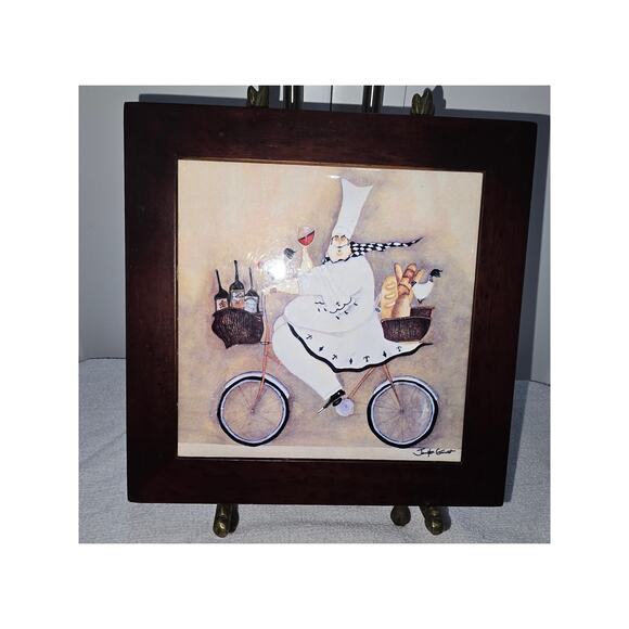 Jennifer Garant “Fat Chef on Bicycle” Framed Ceramic Tile Trivet / Wall Hanging - Picture 9 of 9